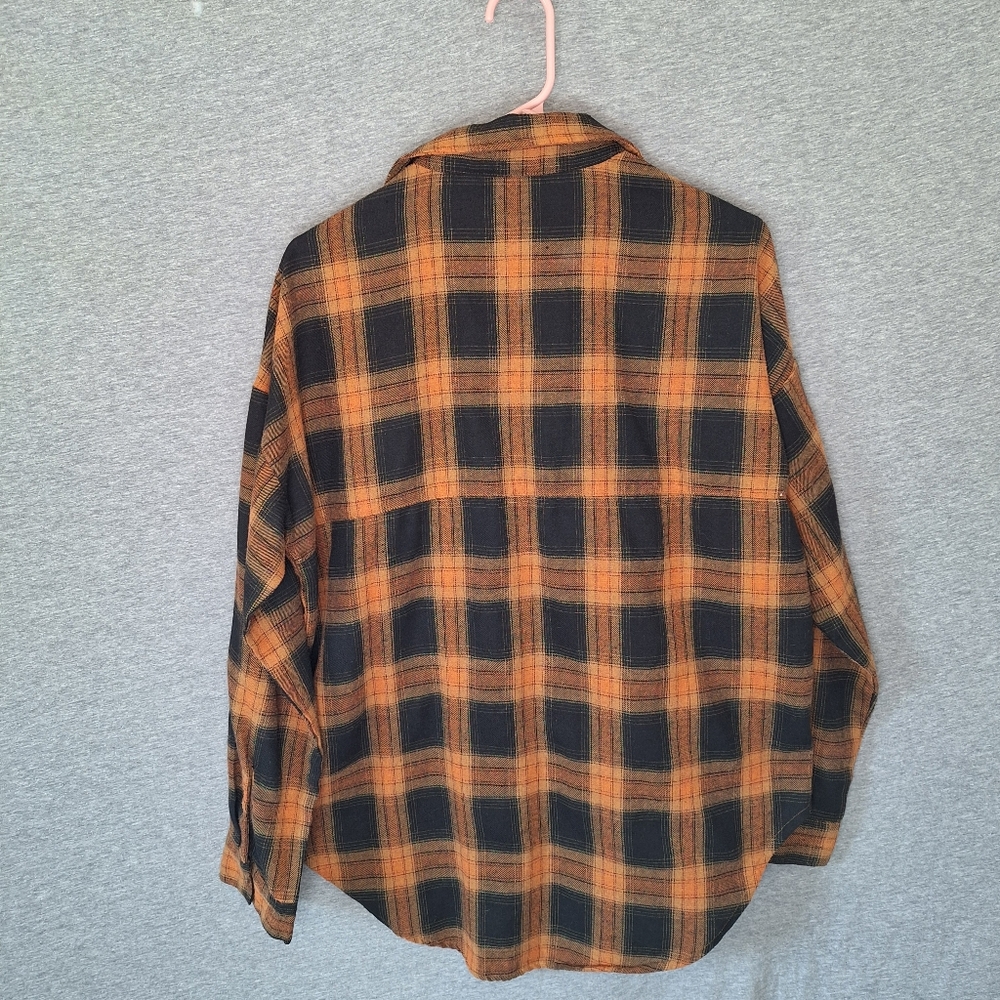 Spoon Jeans Women's Oversized Hi-Lo Plaid Flannel Size Medium Orange And Black - Picture 2 of 11